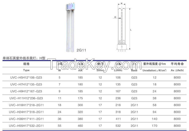 UV Air Sterilization,Hot Cathode Quartz Lamp,ozone/ozone-free,single-ended H type