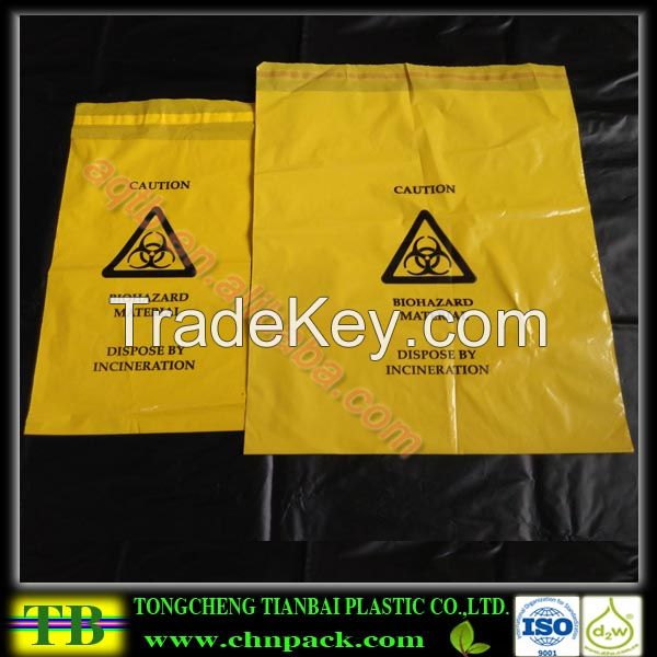 yellow specimen bag with biohazard logo printed