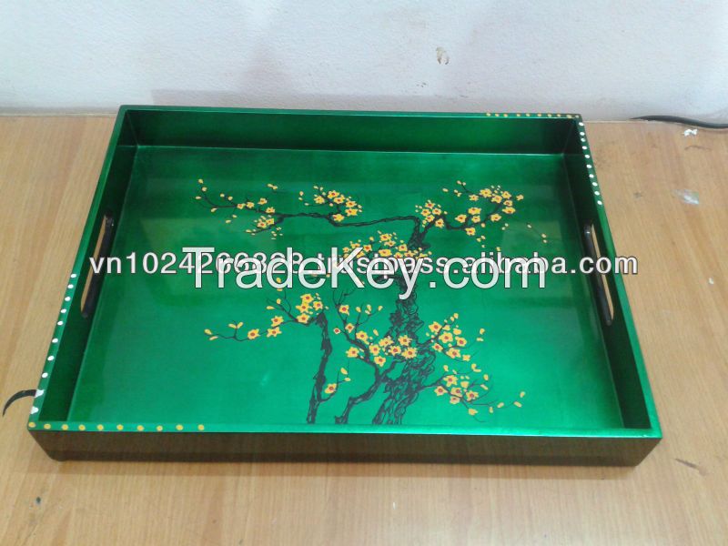 lacquer tray handmade in Vietnam green metallic color hand painting flower