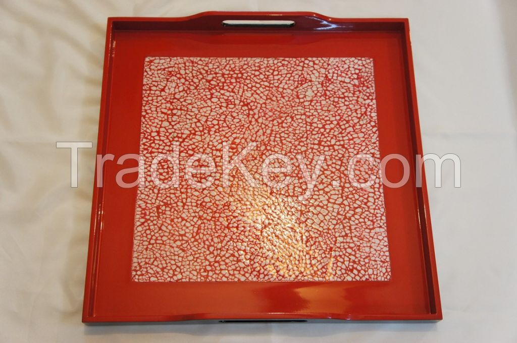 lacquer tray handmade in Vietnam red color eggshell inlaid