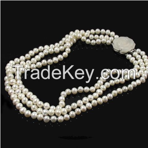 Snow White Luxurious Wedding Treble Strand Pearl Necklace