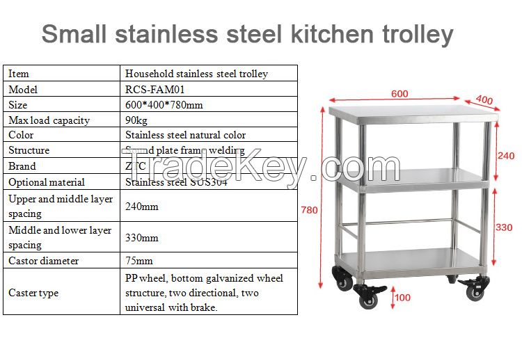 Household stainless steel kitchen cart,3-shelf small kitchen utility cart RCS-FAM01