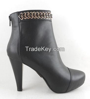 2015 new fashion shoes new lady bootie women pumps with high heel stiletto bronze chain black PU upper factory OEM brand manufacture