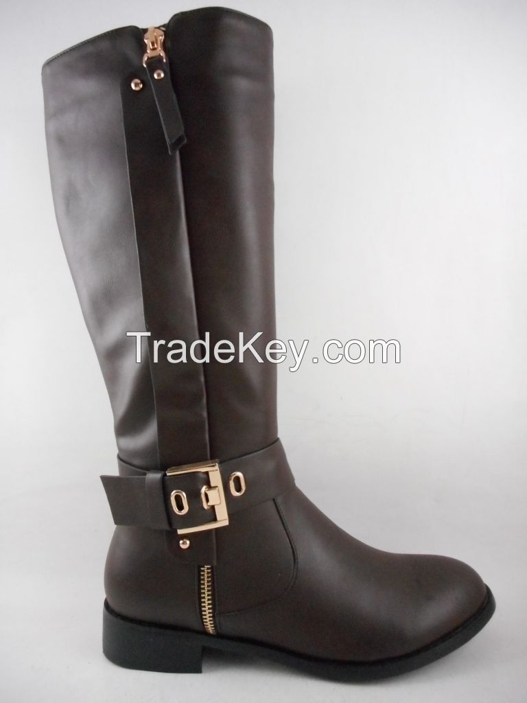 2015 fashion ODM women knee-high boots casual lady shoes footwear with flat heel latest design gold zipper buckle factory OEM brand