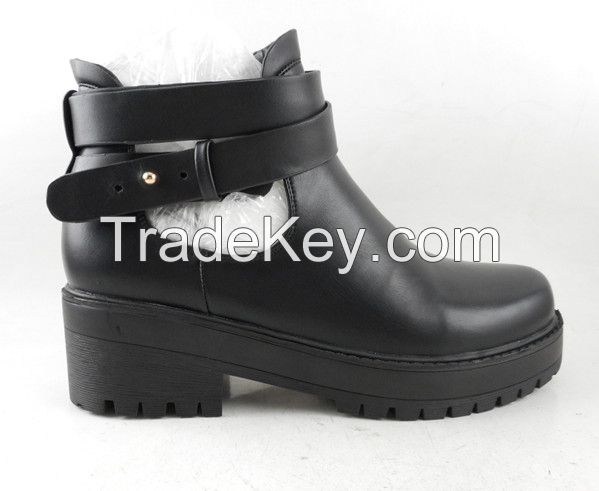 2015 fashion manufacture casual shoe hollow women footwear with PU upper thick heel ankle buckle black color latest stylish design