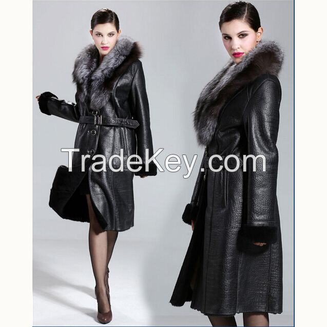 2015 Long Thicken Large Silver Fox Hair Collar Slim Elegant Black Merino Sheepskin Fur Wool Genuine Leather Berber Fleece Jacket