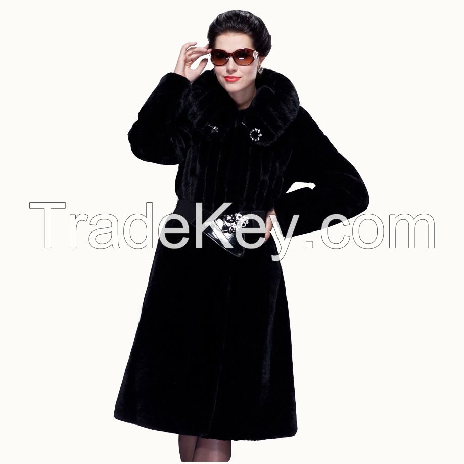 2015 Top Luxury Mink Hair Statehood Women Black Merino Sheepskin Fur Wool X-long Genuine Leather Jacket Outerwear coat Overcoat