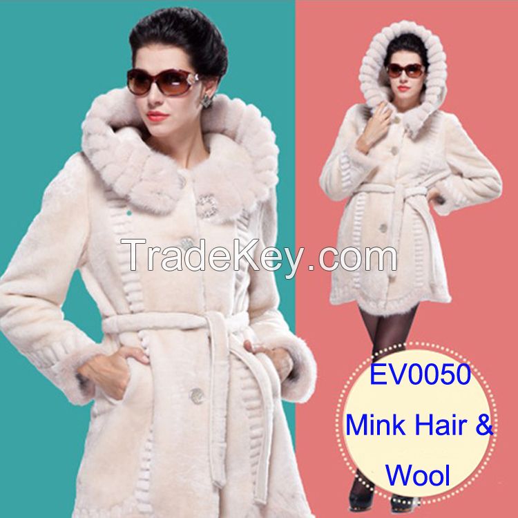 2015 Luxury Fashion Mink Hair Hooded Merino Sheepskin Fur Wool Medium Long Elegant Women's Overcoat Clothing Outerwear Jackets