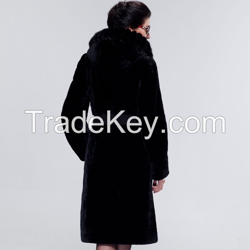 2015 Top Luxury Mink Hair Statehood Women Black Merino Sheepskin Fur Wool X-long Genuine Leather Jacket Outerwear coat Overcoat