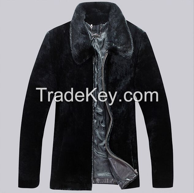 2015 Men's Luxury Fashion 100% Merino Sheepskin Wool Real Natural Fur Hooded and Collar Genuine Leather Zipper Front Fly Clothing Coat Jacket