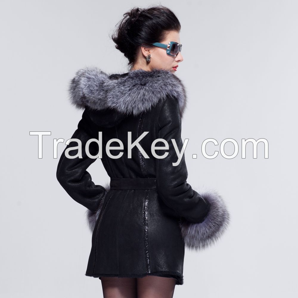 2015 Luxury Silver Fox Hair Collar Statehood Women's Black Sheepskin Wool Medium Long Real Fur Coat Clothing Outwear Overcoat