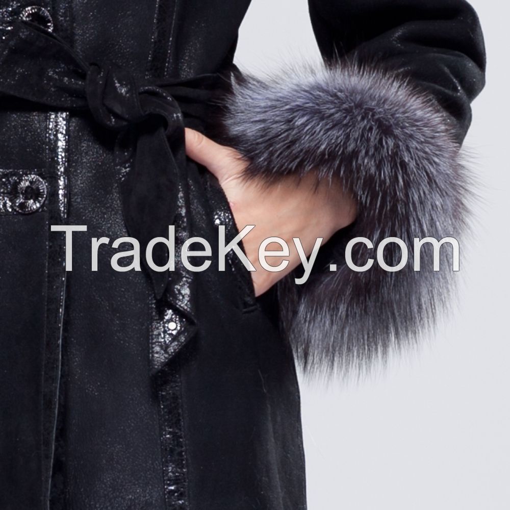 2015 Luxury Silver Fox Hair Collar Statehood Women's Black Sheepskin Wool Medium Long Real Fur Coat Clothing Outwear Overcoat