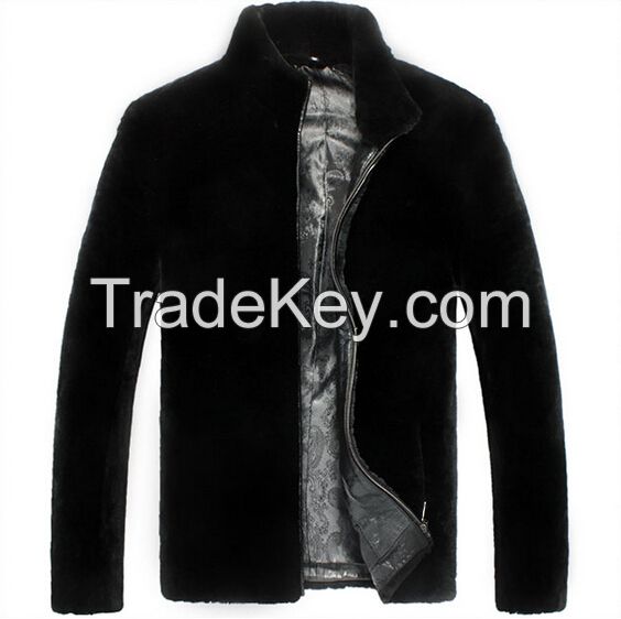 2015 Men's Luxury Fashion 100% Merino Sheepskin Wool Real Natural Fur Hooded and Collar Genuine Leather Zipper Front Fly Clothing Coat Jacket