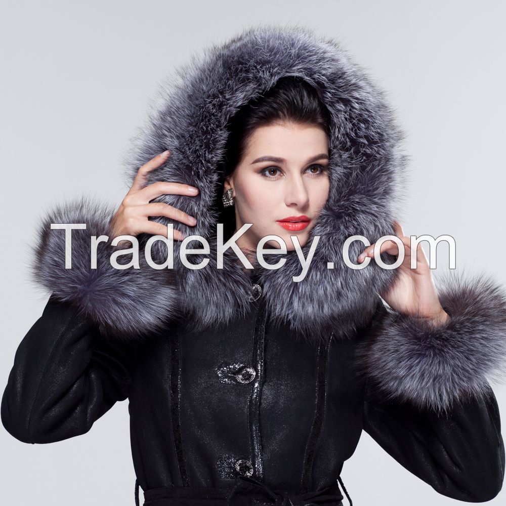 2015 Luxury Silver Fox Hair Collar Statehood Women's Black Sheepskin Wool Medium Long Real Fur Coat Clothing Outwear Overcoat