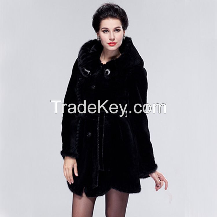 2015 Luxury Fashion Mink Hair Hooded Merino Sheepskin Fur Wool Medium Long Elegant Women's Overcoat Clothing Outerwear Jackets