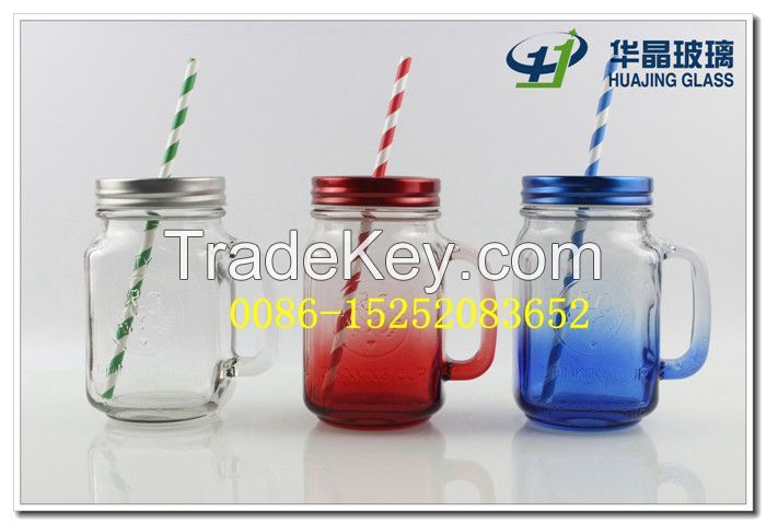 clear or printing color glass mason jar for beverage food with straw and handle