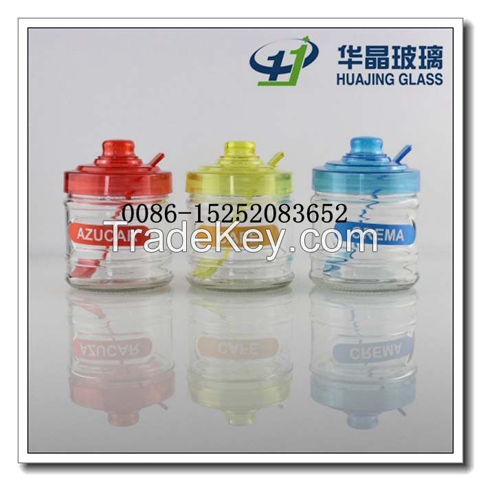 3 pcs 350ml round mason glass jar salt glass jar with colored lid and spoon