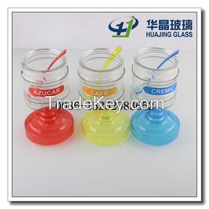 3 pcs 350ml round mason glass jar salt glass jar with colored lid and spoon