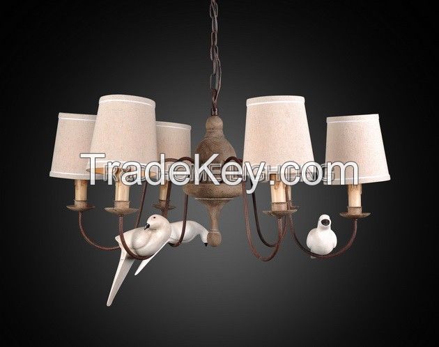 rustic wood chandelier with resin decor bird and shade