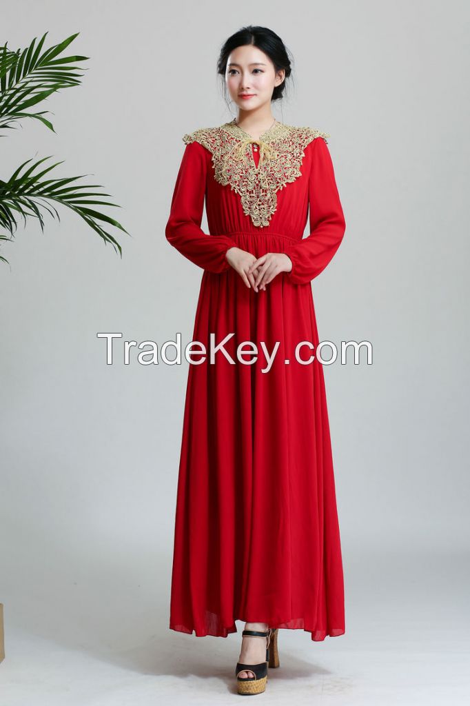 2015 unique pleated fabric long-sleeve golden flower long design one-p