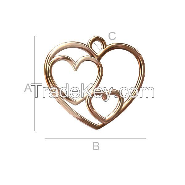 925 Sterling Silver Heart Charm, Pendant (rhodium, gold or rose plating available)
