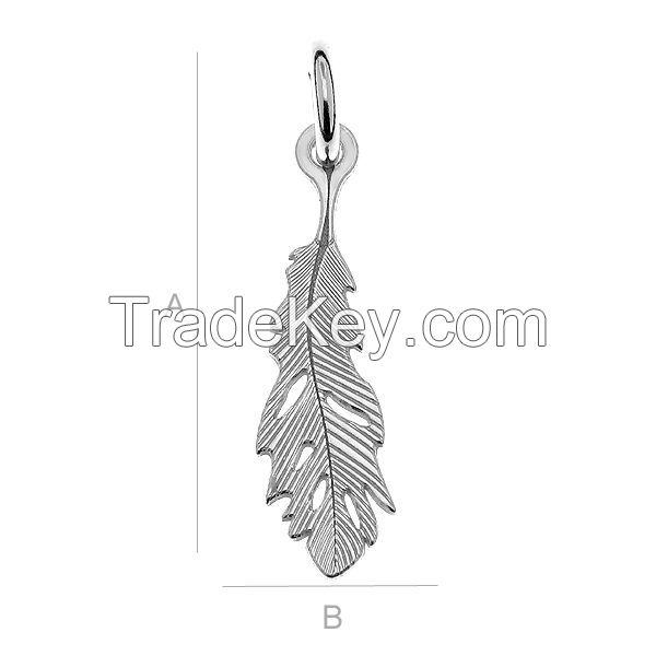 925 Sterling Silver Feather Charm, Pendant (rhodium, gold or rose plating available)