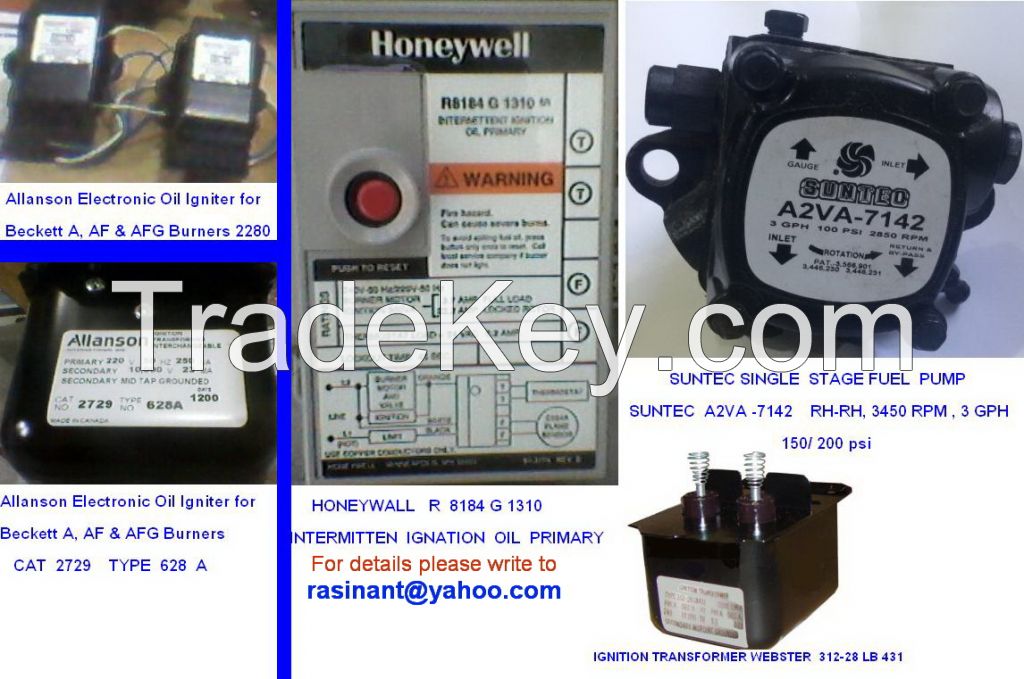 (HVAC) parts - ignition transformers. pumps, controllers, etc. (IGNITION TRANSFORMERS "-" WEBSTER "," ALLANSON "," SUNTEC "etc. IGNITION TRANSFORMER "WEBSTER 312-28 LB 431", "ALLANS