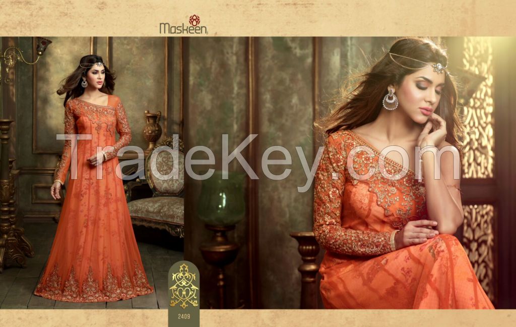 Orange color Net fabric designer suit