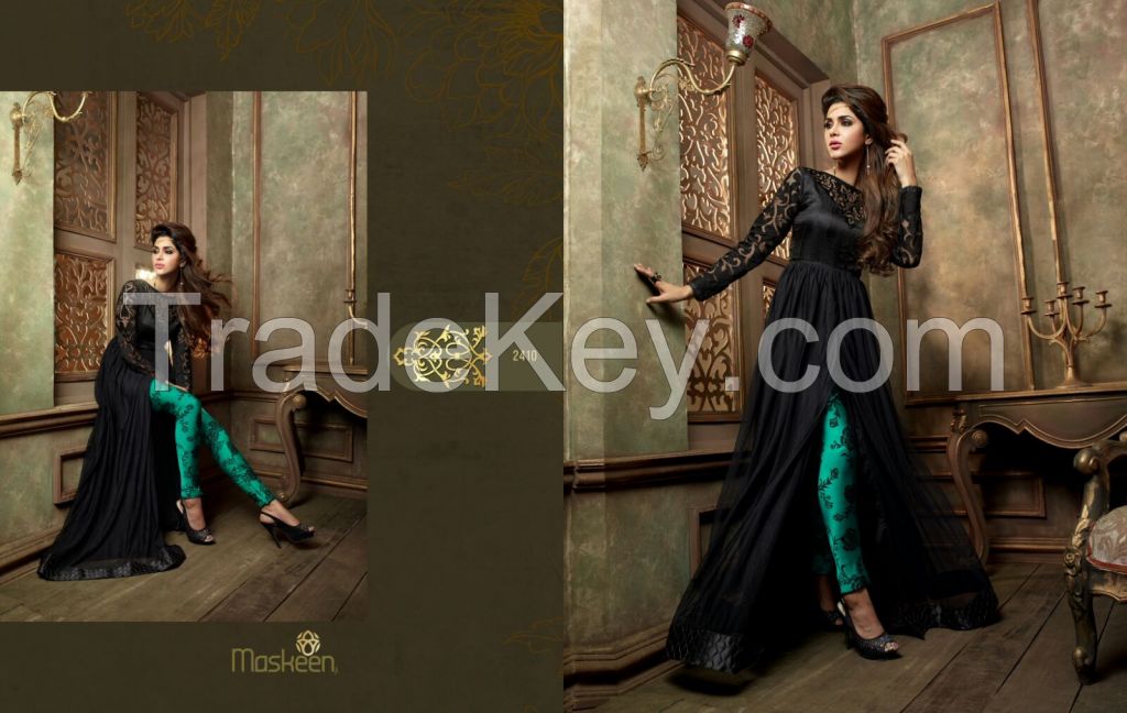 Black and green color Net fabric designer suit