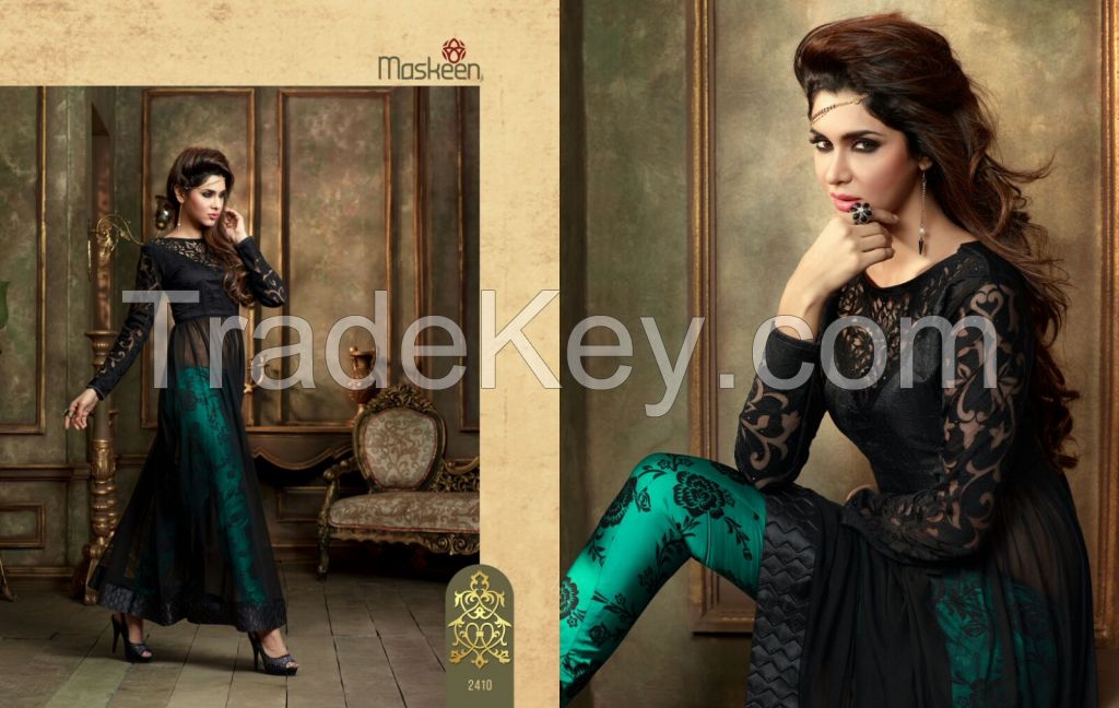 Black and green color Net fabric designer suit