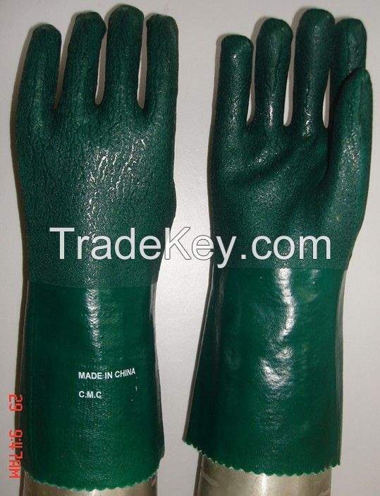 Green  PVC fully coated work glove,Interlcok liner,sandy finish,Guantlet 27/30/35/40/45cm