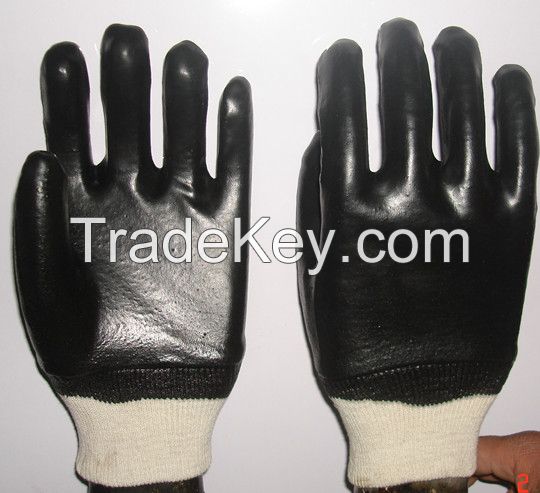 Black PVC fully coated work glove,Interlcok liner,smooth finish,Guantlet knit wrist