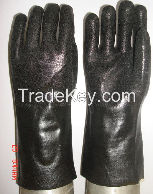 Black PVC fully coated work glove,Interlcok liner,sandy finish,Guantlet 27/30/35/40/45cm