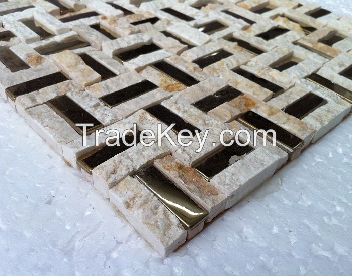 Golden stainless steel mix stone mosaic tile for sale 