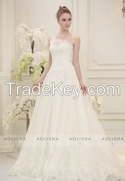 One shoulder empire waist A-line lace wedding dress