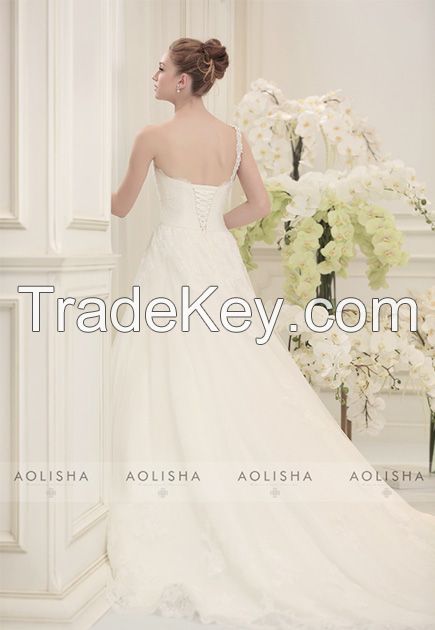 One shoulder empire waist A-line lace wedding dress