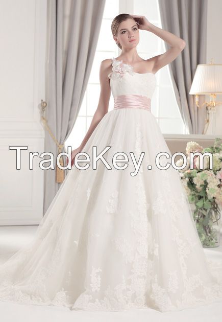 One lace shoulder with flower pleated bodice empire pink waist A-line