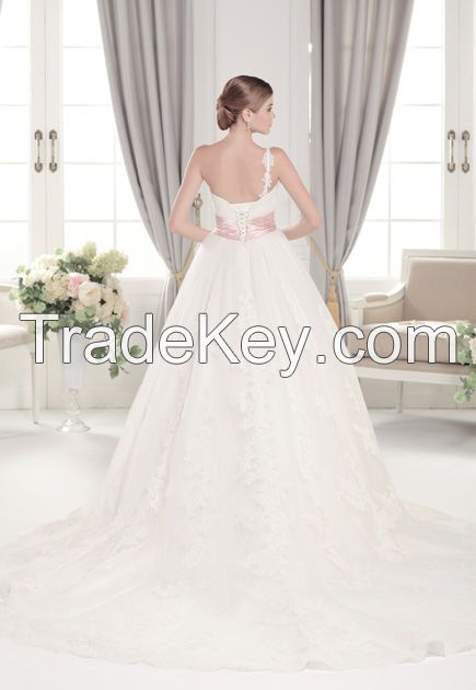 One lace shoulder with flower pleated bodice empire pink waist A-line