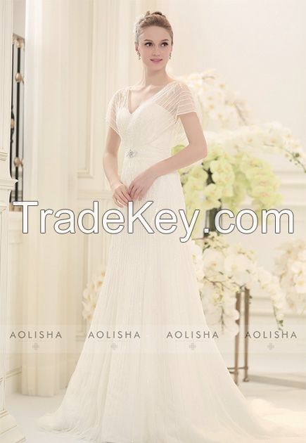 Elegant V neckline sleeves wedding dress with sequins embroidery and n