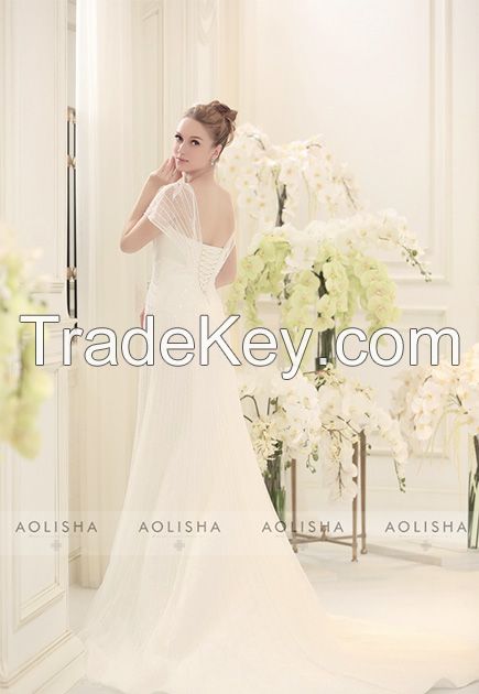 Elegant V neckline sleeves wedding dress with sequins embroidery and n
