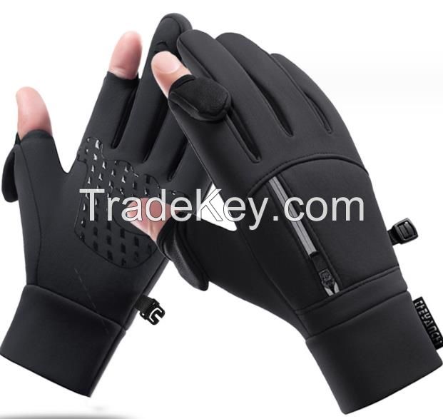 Winter cycling gloves for men, non-slip, warm and thickened, two-finger touch screen sports fishing cycling gloves