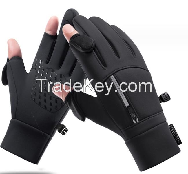 Winter cycling gloves for men, non-slip, warm and thickened, two-finger touch screen sports fishing cycling gloves