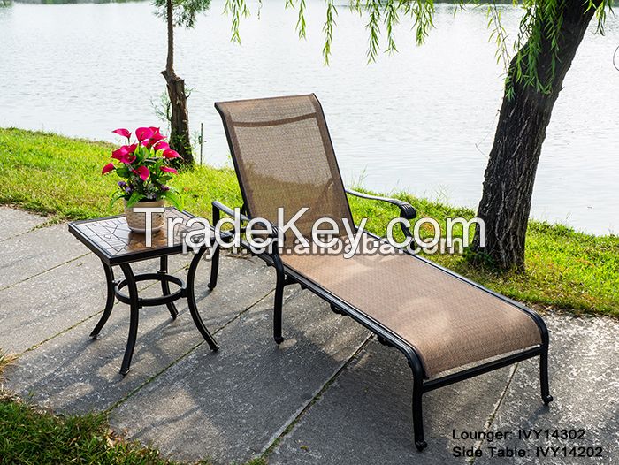 patio furniture poolside cast aluminum sling chaise lounger adjustable-height recliner with small square ceramic side table