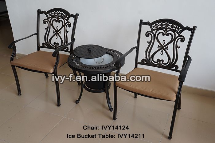 patio& lawn 3-piece outdoor cast aluminum ice bucket round side table and 2 chairs stackable chairs