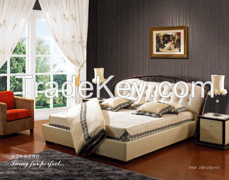 Romantic King Size Wood Bed, Leather Double Bed