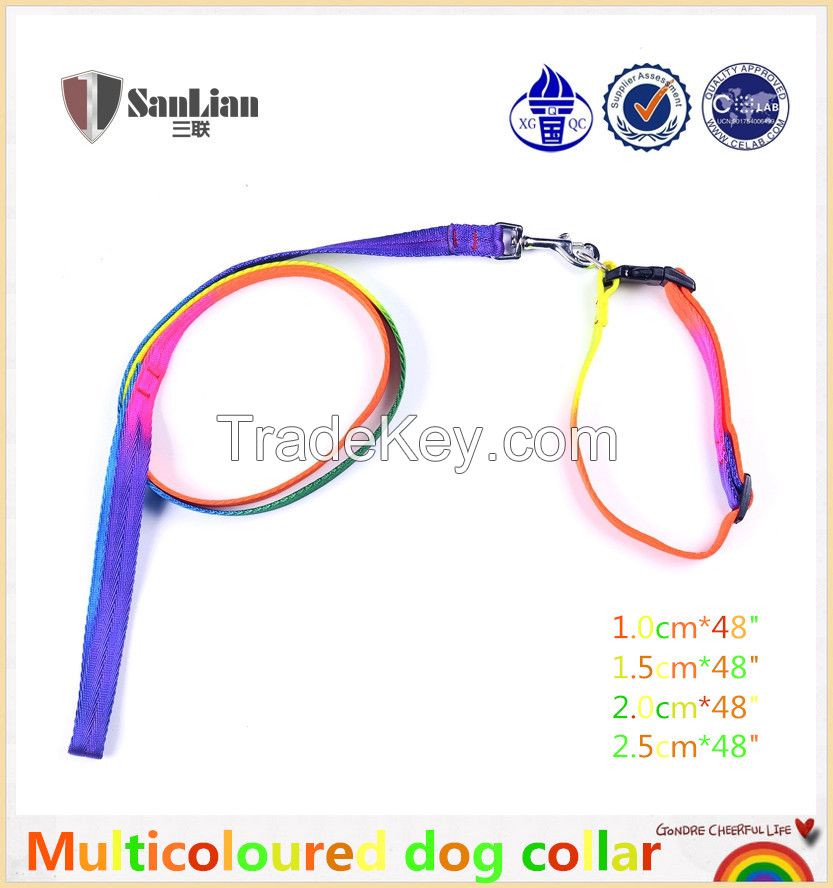 Rainbow colorful nylon dog leash and collar