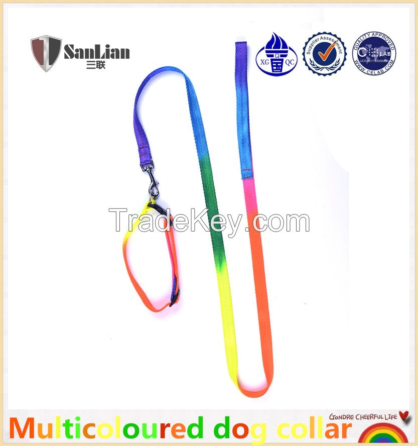 Rainbow colorful nylon dog leash and collar