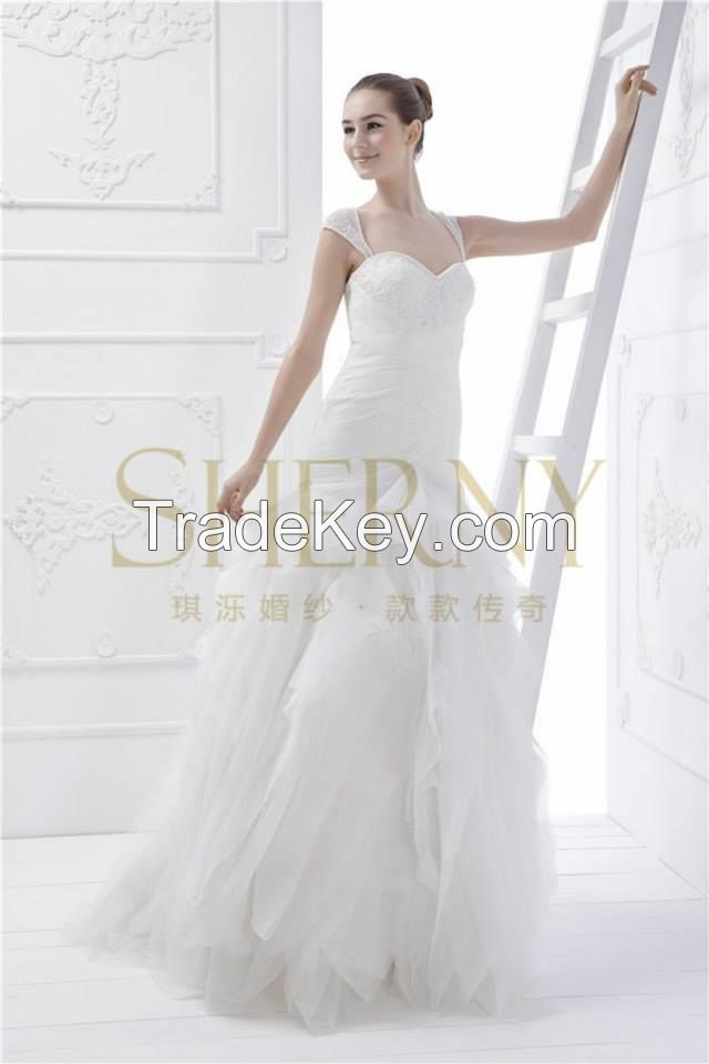 Modern Strapless Pleated Lace White Organza Beautiful Bridal Dress