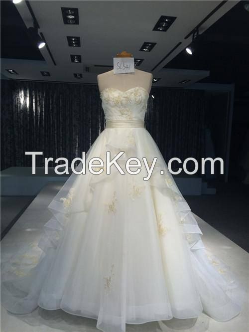 A-line Satin Tulle Dress Bandage Ball Gown Embroidery Crytals Beads Strapless 2015 Long Vestidos Noiva 