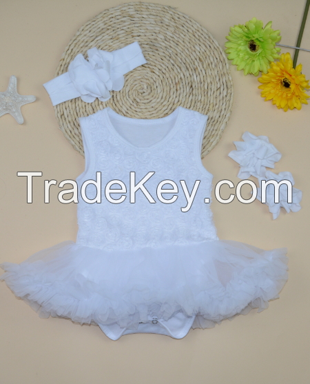 Wholesales retail new baby girls dress sleeveless rosette ruffle romper vestidos with sandal and headband set